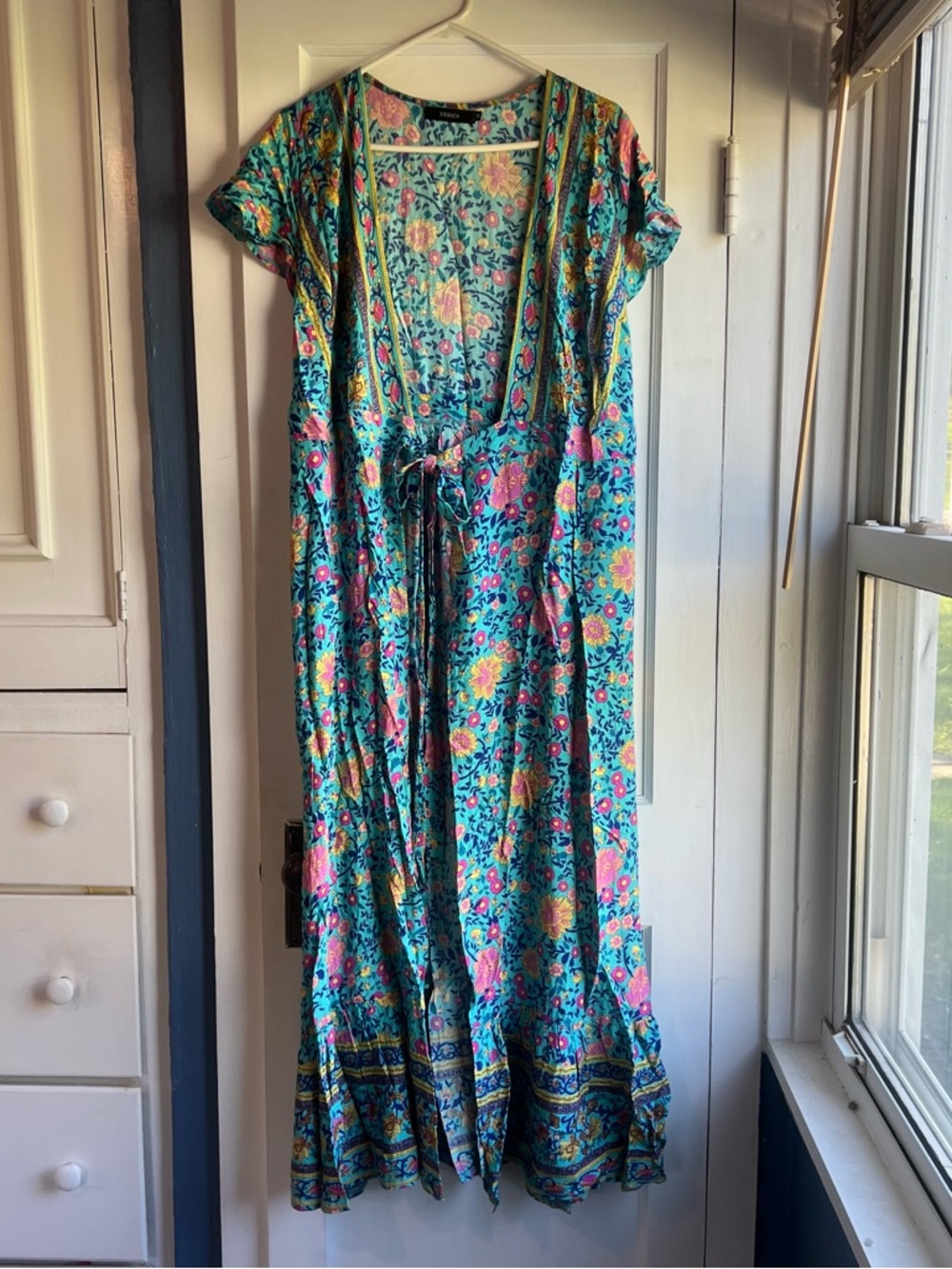 Cyrus Teal Floral Tie-Waist Maxi Dress with Pink & Yellow Accents